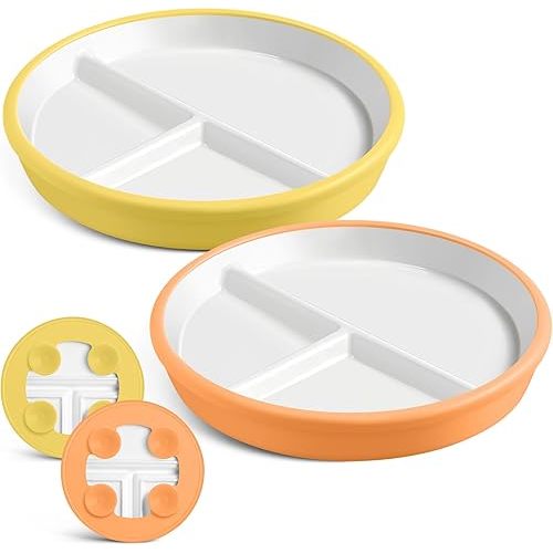 Domensi 2 Pcs 8" Porcelain Kids Plates with Anti-slip Silicone Sleeve Divided Porcelain Plates with Suction for Toddler Microwave Dishwasher Friendly(Orange, Yellow)