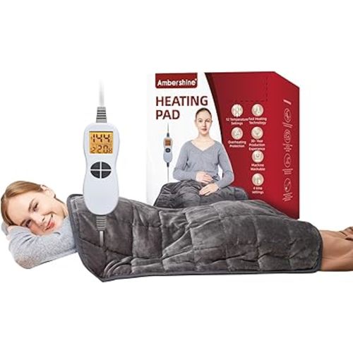 Ambershine 17''x33'' Weighted Heating Pad, 5.2lbs with 12 Temperature Settings & 4 Auto-Off Timers, Pain Relief for Back/Neck/Shoulders/Abdomen/Legs, Christmas Gifts for Mom Dad Women Men(Dark Grey)