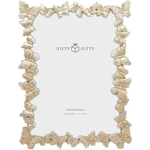 Butterfly Photo Frame 5”x7” For Vertical and Horizontal Display on Tabletops, Home Decor, Wedding, Vacation, Graduation, Or Any Milestone Photos (Gold with White Brush) Gift Box