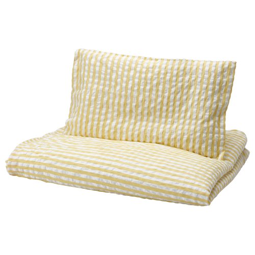 LEN Duvet cover 1 pillowcase f crib - white yellow/stripe pattern seersucker 43 1/4x49 1/4/13 3/4x21 5/8 "