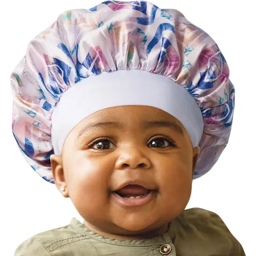 Red by Kiss Baby Satin Bonnet Sleep Cap for Infants, Soft, Stretchy, and Safe, Protects Baby Hair from Frizz & Breakage, Friction Bald Spots (Purple Ikat, 6-18M)