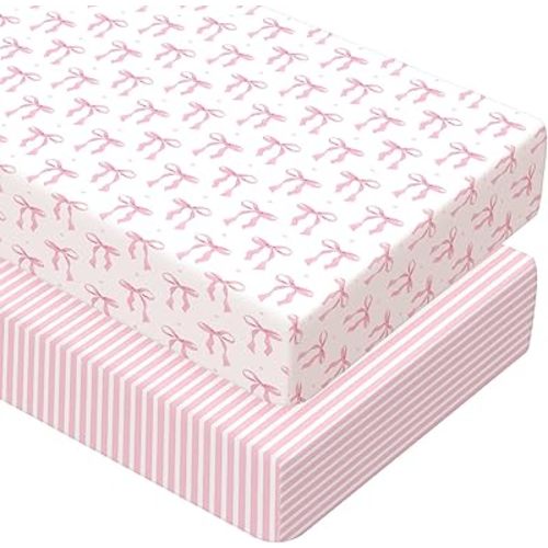 Peryiter 2 Pack Bow Crib Sheets for Girls Coquette Bed Sheet Set Fitted 52'' x 28" for Standard Crib Mattress Stretchable Soft Toddler Aesthetic Nursery Decor(Pink)