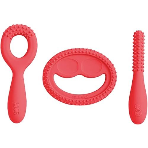 ezpz Oral Development Tools - 3 Months+ (3 Pack in Coral) - Non-Slip Loop, Smile and Stick, 100% Silicone Tools to Practice Feeding + Chewing - Sensory Bumps - Dishwasher Safe
