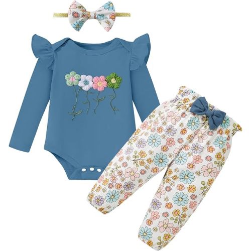 Baby Girl Outfits Long Sleeve Ruffle Romper and Pants Sets 0-18M