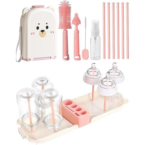 Travel Baby Essentials, 7in1 Travel Baby Bottle Cleaning Kit, Baby Essentials for Flying Nipple, Drying Rack, Straw, Soap Dispenser Dish Soap for Bottles, Gift for Mom (Pink)