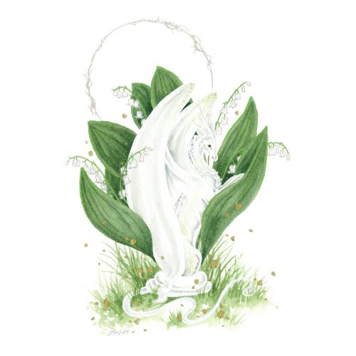 Dragon Art Print - Lily-of-the-Valley Dragon - fantasy art. whimsical. flower art. illustration.