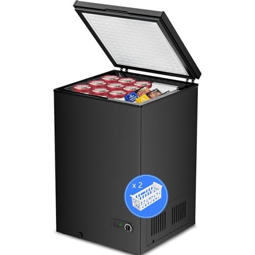 Kismile 3.5 Cubic Feet Chest Freezer with 2 Removable Baskets Free Standing Top Open Door Compact Freezer with Adjustable Temperature for Home/Kitchen/Office/Bar (3.5 Cubic Feet, Black)