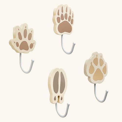4 Pieces Wooden Animals Tracks Hanging Hooks - Fox, Bear, Deer, Hedgehog, Woodland Nursery Decor, Forest Nursery Kids Coat Rack Room Wall Mount Hooks, Baby Room Decor, Woodland Boy Nurser Wall Decor