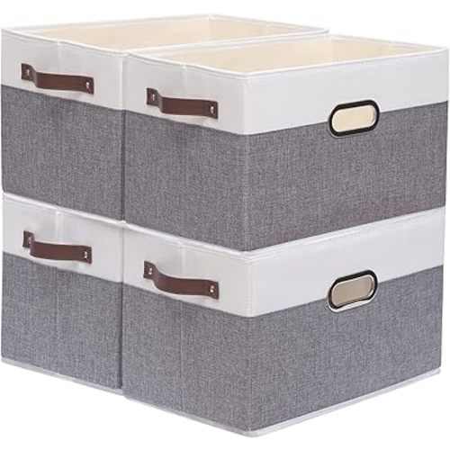 Yawinhe Fabric Storage Baskets, Foldable Closet Organizer for Shelves, Large Storage Boxes With 3 Handles, Canvas Storage Bins for Clothes, White/Grey, 12.99''Lx9.05''Wx7.87''H, 4-Pack