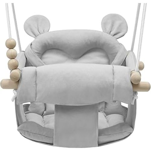 Baby Swing Outdoor Indoor Toddler Swing Seat with 3-Point Adjustable Safety Harness - 130lbs Capacity Wooden Toddler Swings Seat, Adjustable Height (12-18") for Infants Baby Boys Girls, Grey