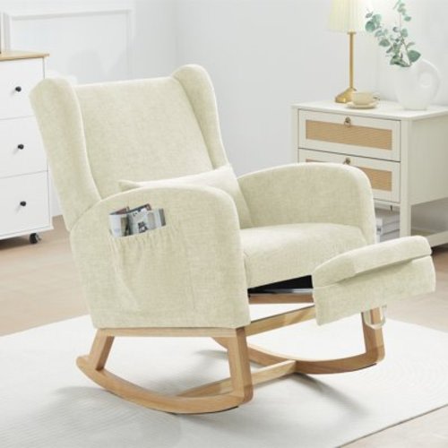 JUSTLET Rocking Chair with Footrest Nursery, Modern Chenille Rocker Armchair with High Backrest and Pillow for Bedroom Baby Room, Beige