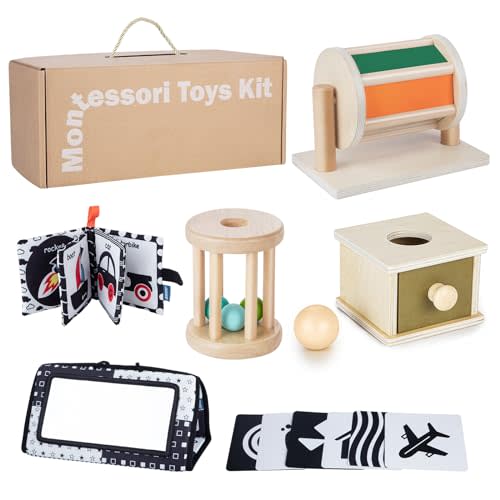 Starrykids Montessori Toys for Babies 0-6 Months, 6 in 1 Learning Educational Set for for Newborn, Toddlers Gifts Includes Spinning Drum, Object Permanence Box, Baby Roller Tummy Time Mirror and More
