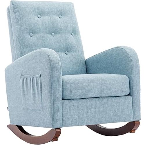 Dolonm Rocking Chair Mid-Century Modern Nursery Rocking Armchair Upholstered Tall Back Accent Glider Rocker for Living Room (Light Blue - Polyester, Button Tufted)