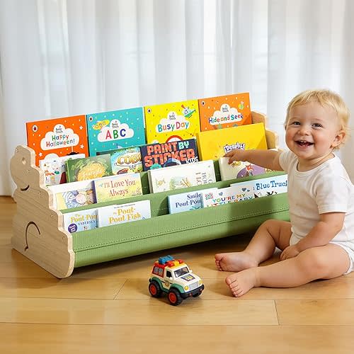 LAMU Kids Bookshelf, 4 Tier Solid Pine Wood Toddler Bookshelf, Book Shelf for Kids Rooms, Portable Montessori Bookcase, Childrens Book Storage Display for Baby's Bedroom Nursery Playroom (Dinosaur)