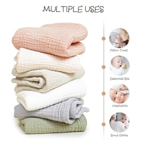 Konssy Muslin Baby Burp Cloths Sets for Unisex- 6 Pack Large 100% Cotton Burping Clothes for Newborn，Baby Girls and Boys - Green Color - 19 x 9.6 Inches