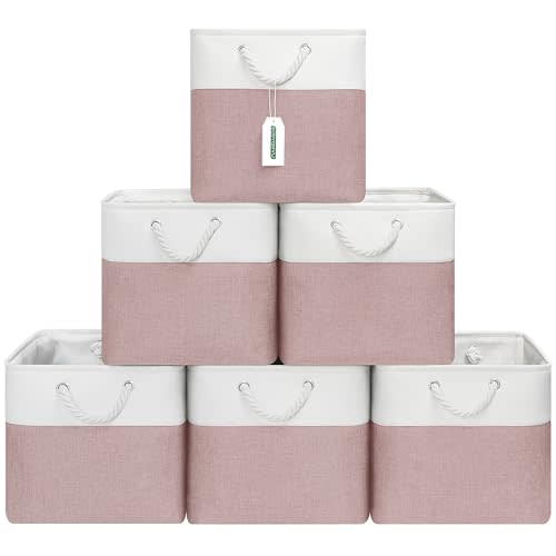ECDYQXVU 13x13 Inch Cube Storage Bins with Reinforced Bottom Cardboard, 6 Pack Large Collapsible Fabric Storage Cubes with Handles for Shelf, Closet, Toy, Laundry Organization (White&Pink)
