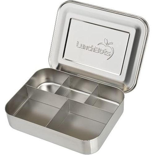 LunchBots Large Cinco Stainless Steel Lunch Container - Five Section Design Holds a Variety of Foods - Metal Bento Box - Dishwasher Safe - Stainless Lid - Stainless Steel