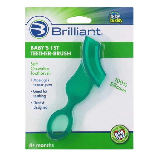 Brilliant Babys 1st Toothbrush Teether, Chewable Silicone, No-BPA First Brush for Babies and Toddlers, Green, 1 Count
