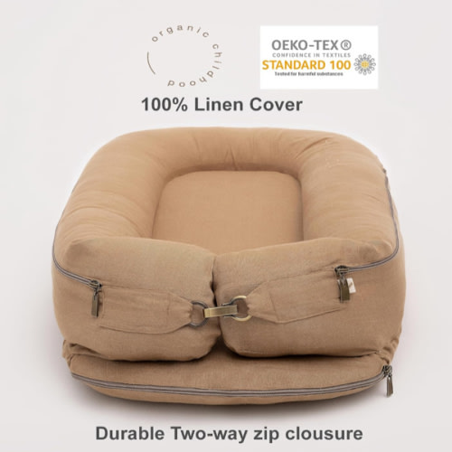 Linen Cover Deluxe+ for Docks • 100% Organic Premium Quality Oeko-TEX Standard • Pure Breathable Replacement Soft Cover with Embroidery • Deluxe Plus • Cover Only • (Camel linen)