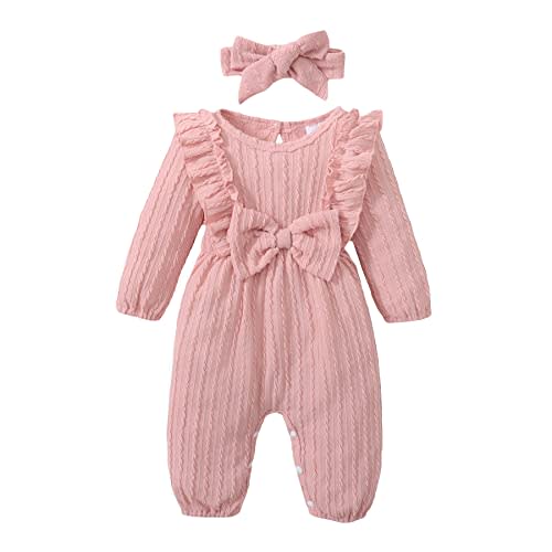 Happy Town Baby Girl Romper Infant Fall Winter Clothes Ruffle Sweater Long Sleeve Bodysuit Jumpsuit and Headband
