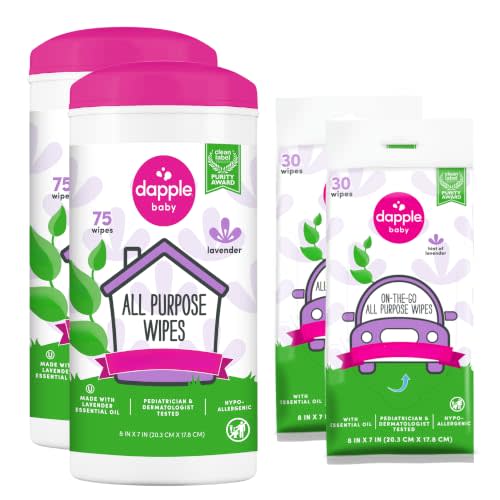 Dapple Baby All Purpose Cleaning Wipes - (2 Pack) 75 Count Canisters + (2 Pack) 30 Count Pouches - Plant-Powered & Hypoallergenic - Lavender Scent - Baby Essentials