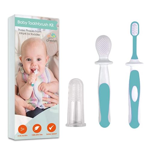 Baby Toothbrush Set (3-24 Months) - BPA-Free Baby Finger Toothbrush, Training Toothbrush & Toddler Toothbrush - Designed in Canada - Complete Baby’s First Toothbrush Kit (Teal) - Cherish Baby Care - Babies