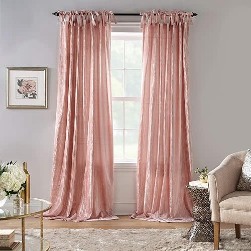 Elrene Home Fashions Korena Tie-Top Crushed Velvet Window Curtain Panel, Rustic-Chic Curtain Panel for Living Room or Bedroom, 52 Inches by 84 Inches, Blush, 1 Panel