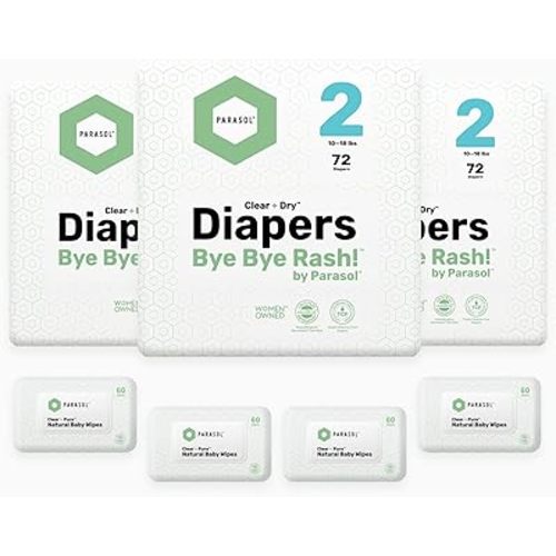 Parasol Co Clear+Dry Natural Disposable Diapers and Wipes, Size 2 (10-18 lbs) 216 Count