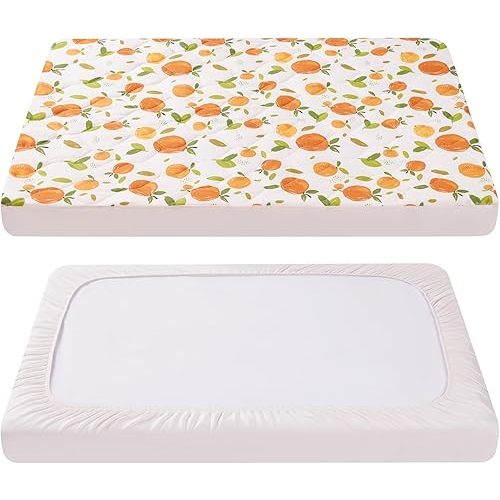 TILLYOU Pack and Play Sheet - Soft Quilted Crib Cover Pad, Toddlers Mattress Protector with 1''-3'' Deep Pocket, Thick Play Yard Playpen Sheets, Crib Mattress Pad, 39"x27", Orange Flavour