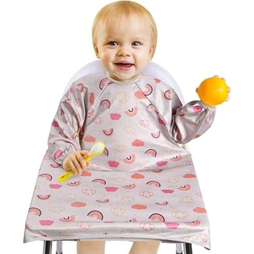 Vicloon Coverall Baby Feeding Bib, Weaning Bib Attaches to Highchair and Table, Long Sleeves Bib with Waterproof, Comfortable,Machine Washable, Baby Bib For 6 Month to 3 Years Old (Pink)