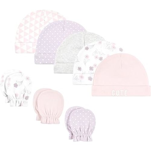 Hudson Baby Unisex Baby Cotton Cap and Scratch Mitten Set - Lavender Floral
