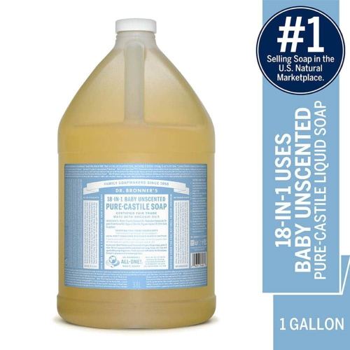 Dr. Bronner's Pure-Castile Magic Soap Liquid (Baby Unscented, 1 Gallon) – Made with Regenerative Organic Oils- For Sensitive Skin, Babies, Face, Hair, Laundry, Dishes, Hand Soap & Body Wash