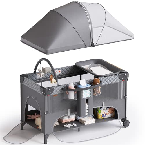 kingobabys 4 in 1 Baby Bassinet,Pack and Play,Bedside Crib Sleeper,Baby Bassinets Bedside Sleeper with Diaper Changer, Mosquito Net,Bottom Storage and Toy Bar for Newborn to Toddles (Grey)