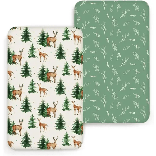 ACRABROS Crib Sheets for Girl Boy: Stretchy Baby Fitted Crib Mattress Sheets Sets 2 Pack Standard Size Ultra Soft Neutral, Blossom Deer&Green Leaf