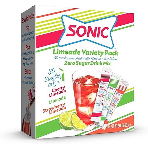 Sonic Singles To Go Limeade Variety Pack, Watertok Powdered Drink Mix, Includes 3 Flavors, Limeade, Cherry Limeade, Strawberry Limeade, 1 Box (30 Servings)