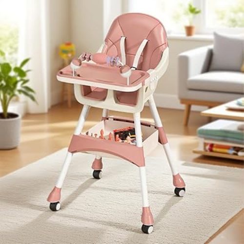 Portable Baby High Chair for Babies & Toddlers, Easy-Clean Multi-Use Feeding Chair with Lockable Wheels & Toy Storage Basket-Pink