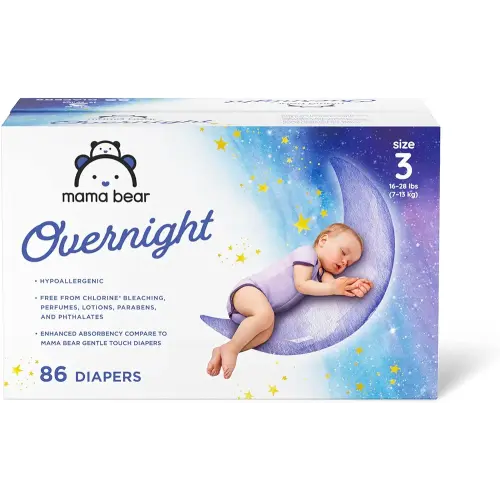 Amazon Brand - Mama Bear Disposable Overnight Baby Diapers, Hypoallergenic, Night Time Protection, Size 3 (86 count), White