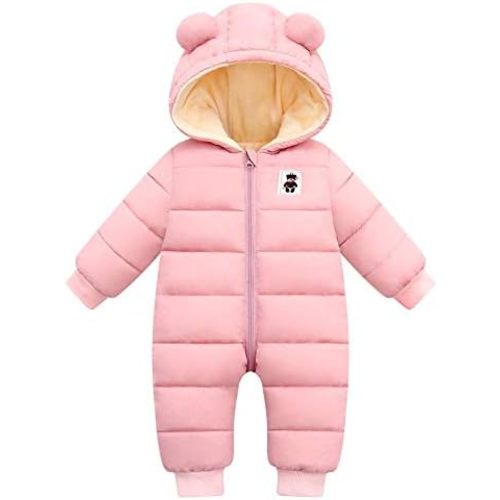 Unisex Baby Snowsuit Infant Cute Bear Hooded Winter Warm Flannel Lining Romper