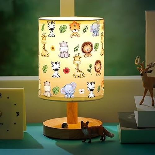 VIHOSE Safari Animal Table Lamp for Bedroom Kids Bedside Lamp with Linen Wooden Nightstand Lamp Cartoon Nursery Lamp Lampshade for Girls Boys Living Room