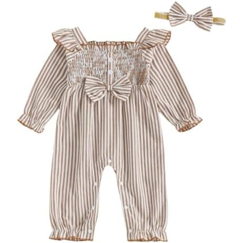 Newborn Baby Girl Romper Clothes Striped Bubble Onesie Long Sleeve Ruffle Bodysuit with Headband Fall Outfit