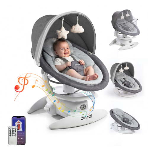 Zoicay Baby Swing, Baby Rocker Stationary Seat Infants Swing 3-IN-1 Design, Motion Detection, 5 Speeds & 3 Modes, 12 Melodies & Bluetooth Music, Gray