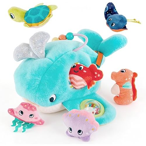 Baby Sensory Toys 6-12 Months Montessori Ocean Playhouse with 6 Stuffed Sea Animals Baby Shower Gifts for Newborn, Soft Rattle Crinkle Toy, Infant Fine Motor Skills Development Boy Girl