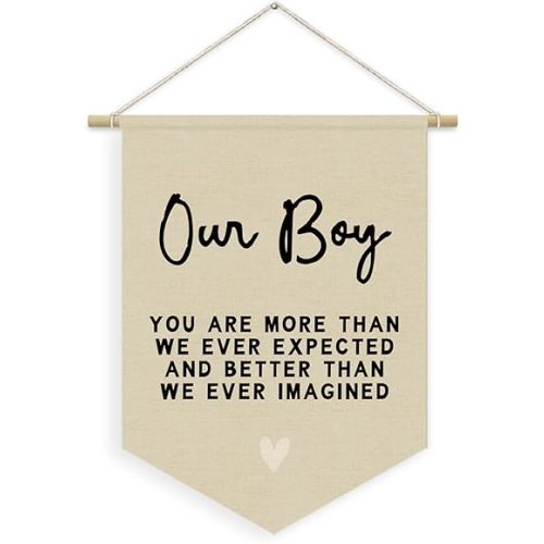 Boys Room Decor, Boy Nursery Linen Canvas Banner, You Are More Than We Ever Expected Neutral Wall Hanging Pennant Flag Banner for Boys Kids Toddler Room Bedroom Playroom Decor, 15x11in
