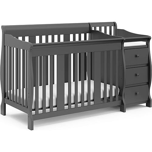 Storkcraft Portofino 5-in-1 Convertible Crib and Changer (Gray) – Crib and Changing Table Combo with Drawer, Converts to Toddler Bed, Daybed and Full-Size Bed, Storage Drawer