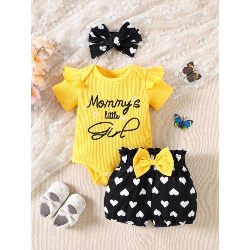 SHEIN Playful Pals 3pcs/Set Toddler Kids Casual Outing Outfit, Includes Bodysuit With Embroidered Cap Sleeves, Long Pants And Headband With Bow | SHEIN USA