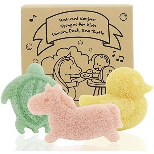 Konjac Baby Sponge for Bathing, Cute Shapes Natural Kids Bath Sponges for Infants, Toddler Bath Time, Natural and Safe Plant-Based Konjac Baby Bath Toys, 3pc. Set: Unicorn, Duck & Sea Turtle