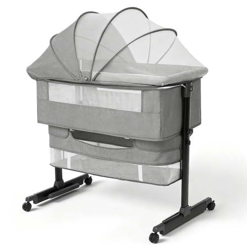 Baby Bassinet, 3-Level Adjustable Height with Wheels & Storage Basket, Breathable Mosquito Net,for Newborns and Infants,Light Gray