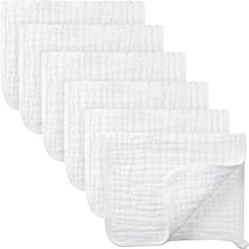 Irenare 6 Pieces Large 20 x 10 Inch Muslin Burp Cloths Multi-Colors Muslin Washcloths Baby Burping Cloth Diapers 6 Absorbent Layers Muslin Face Towels for Baby (White)