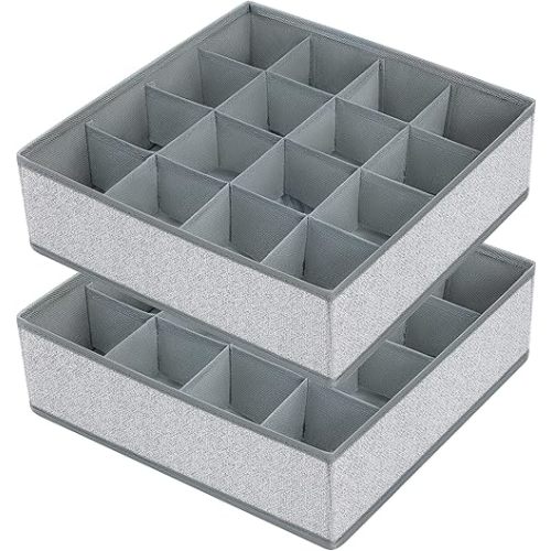 Joyoldelf Sock Drawer Organizer Divider Underwear Organizer 16-cell Fabric Dresser Drawer Organizers Storage Boxes for Socks, Lingerie, Handkerchiefs, Ties 2 Packs Gray