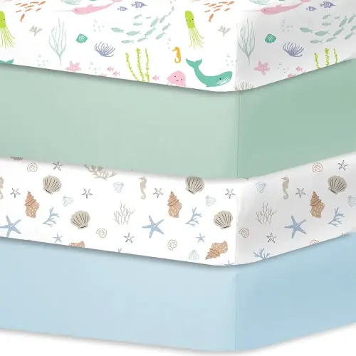 Bimocosy Crib Sheets for Boys Girls, Fitted Crib Sheet 4 Pack for Standard Crib and Toddler Mattresses, Super Soft Breathable Microfiber Baby Sheet 28x52x8in, Ocean World/Milky Green/Seashell/Blue
